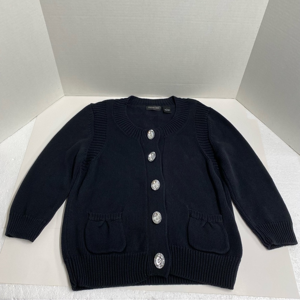 Focus 2000 Black Cardigan Snap Front Sweater Cardigan Size L 2 Pockets Classy